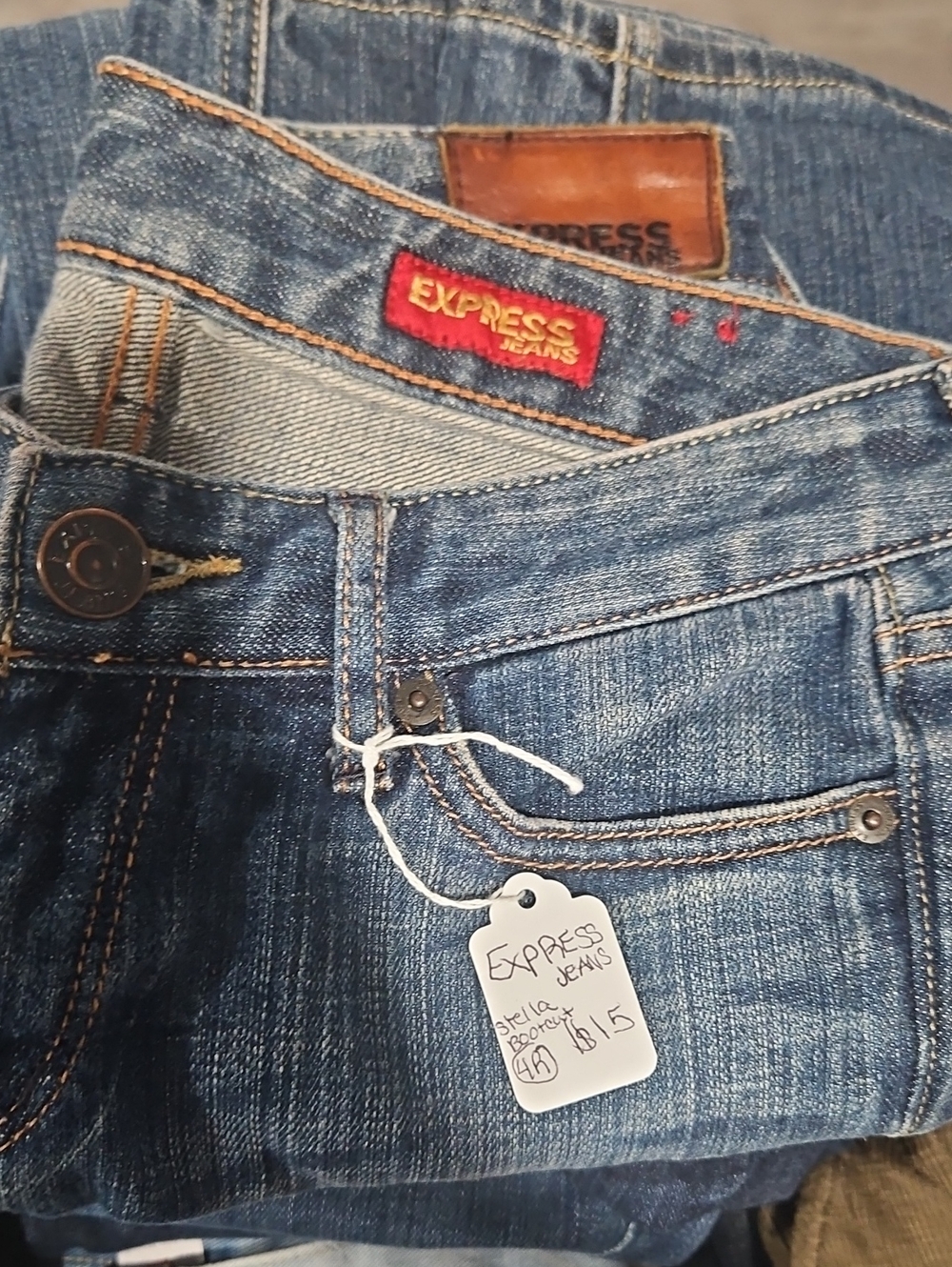 Express Denim Jeans in Medium Blue with Tan Stitching